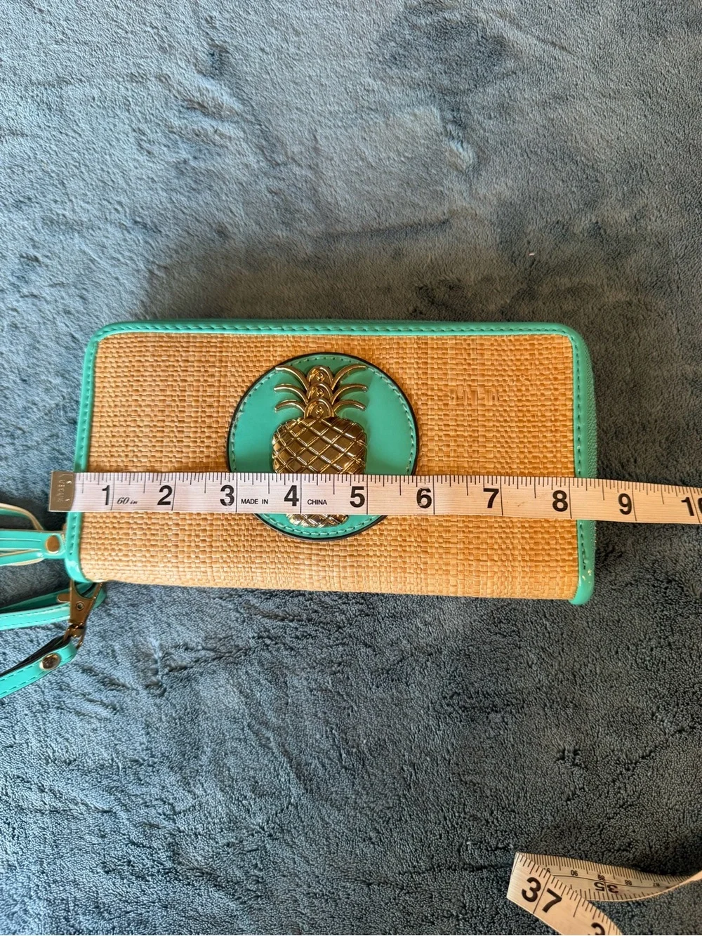 Woven Straw Wristlet Clutch with Teal Trim and Gold Pineapple Accent